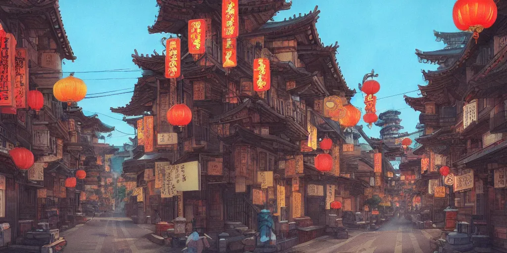 Prompt: a quiet chinatown street, evening, highly detailed, low angle view, studio ghibli, artstation