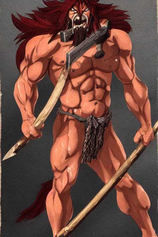 Image similar to muscular red skinned oni barbarian wearing a tattered loincloth and holding two axes, detailed, portrait, makoto shinkai