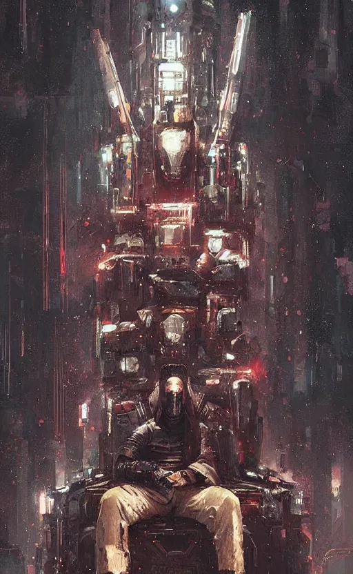 Prompt: « beautiful comic style painting of cyberpunk king on the throne by greg rutkowski, very detailed face »