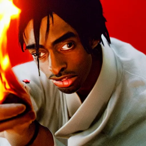 Prompt: cinematic film still of Playboi Carti starring as a Japanese Sensei with fire, Japanese CGI, VFX, 2003, 40mm lens, shallow depth of field, film photography