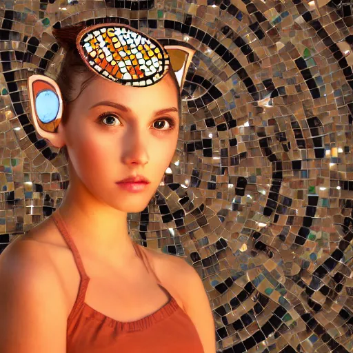 Prompt: portrait mosaic of a beautiful cute girl with robot ears and eyes, 4k, intricate details, digital, sun in the background