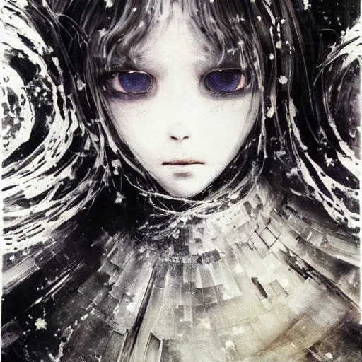 Image similar to Yoshitaka Amano blurred and dreamy illustration of an anime girl with black eyes, wavy white hair and cracks on her face wearing elden ring armour with the cape fluttering in the wind, abstract black and white patterns on the background, noisy film grain effect, highly detailed, Renaissance oil painting, weird portrait angle