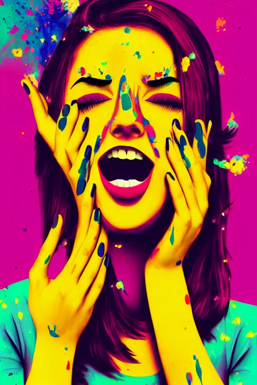 Image similar to girl screamin yolo - aesthetic, smooth painting, remove duplicate every seed image, 4 k, illustration, comical, acrylic paint style, pencil style, torn cosmo magazine style, pop art style, ultrarealism, by mike swiderek, jorge lacera, ben lo, tyler west