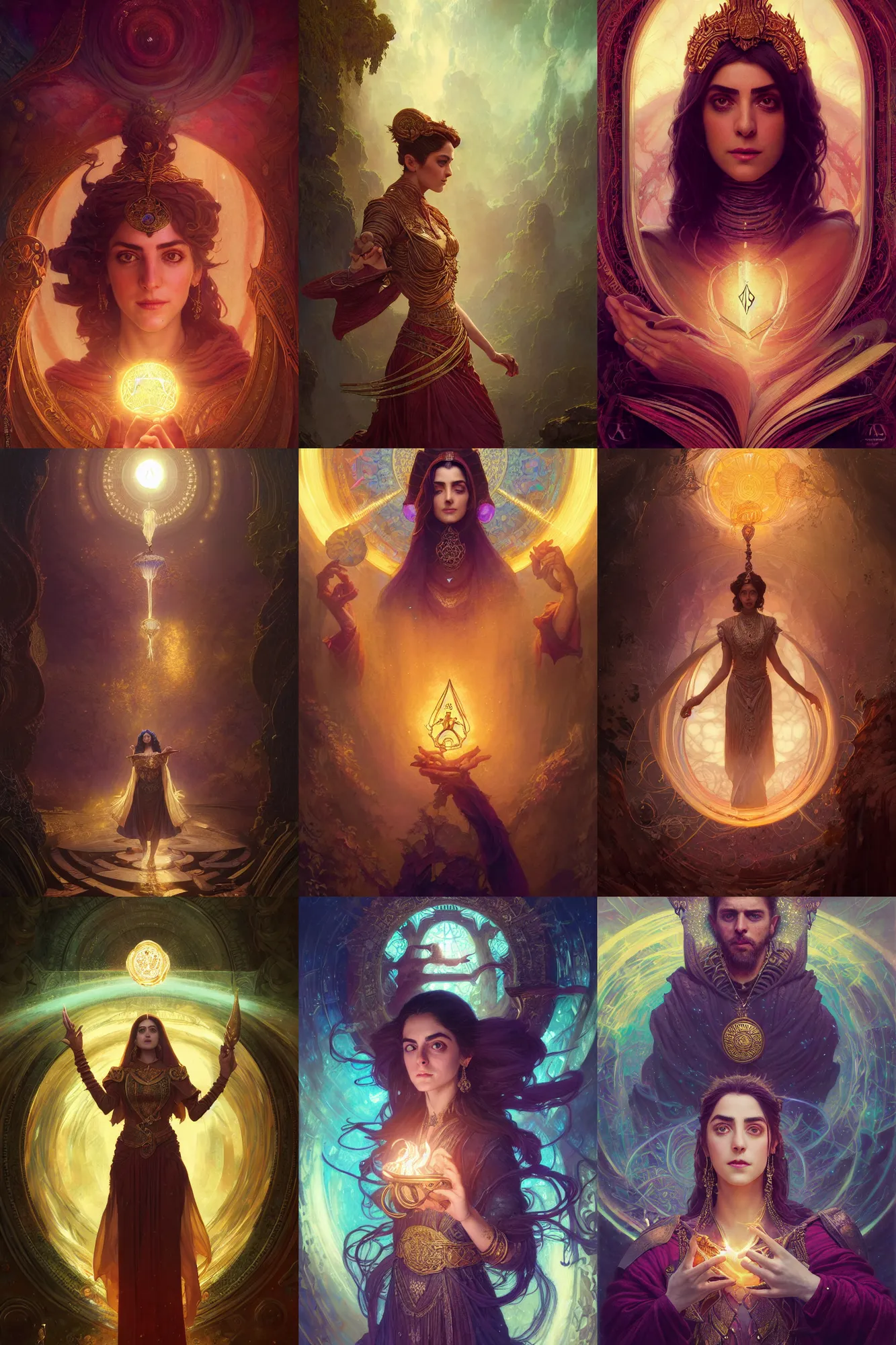 Prompt: portrait of maya ali sorcerer, tarot, highly detailed, stephen bliss, octane render, by greg rutkowski, loish, ferdinand knab, kuvshinov, rossdraws, tom bagshaw, mucha, sargent and leyendecker and greg hildebrandt, global illumination, radiant light, abstract rippling background, gaudy colors