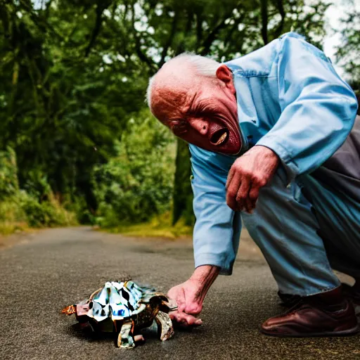 Image similar to elderly man screaming at a turtle, canon eos r 3, f / 1. 4, iso 2 0 0, 1 / 1 6 0 s, 8 k, raw, unedited, symmetrical balance, wide angle