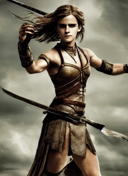 Image similar to hyper realistic photo of warrior princess emma watson, full body, rule of thirds, cinematic,