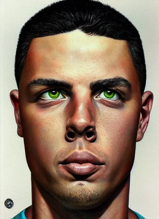 Image similar to portrait of ronaldo nazario, wearing green soccer clothes, very detailed eyes, hyperrealistic, very detailed painting by glenn fabry, by joao ruas, by artgerm