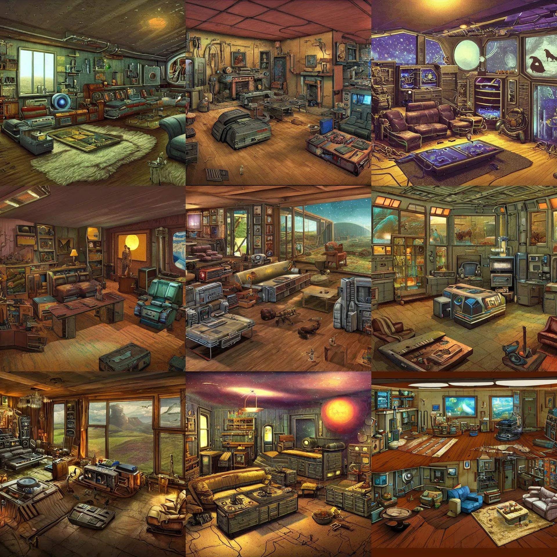 Prompt: living room of a farm house, on a remote planet, with retro sci fi furniture, from a space themed point and click 2 d graphic adventure game, detailed, set design inspired by hg giger, art inspired by thomas kinkade