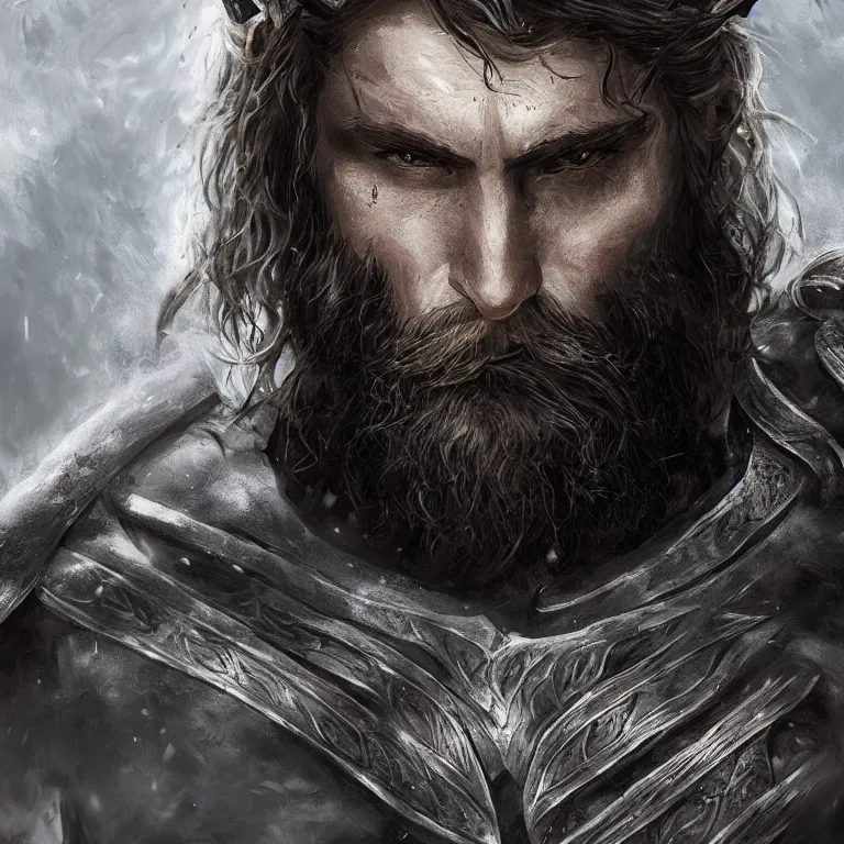 Image similar to fantasy art of a male human warrior, lord of the rings, poster, finely detailed face delicate features, black full beard, full body, realistic, sharp focus, 8 k high definition, insanely detailed, intricate, elegant, character portrait, portrait, close up, concept art