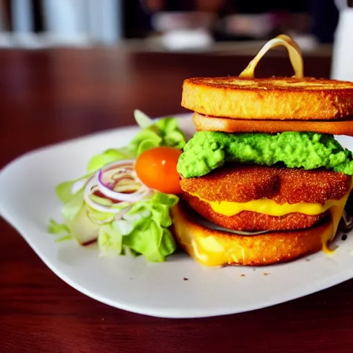 Image similar to sandwich with fried tofu, one red tomato slice, mayonnaise, one fried onion ring, smashed avocado, melted cheddar, in a red dish, background with saturn and stars in the sky