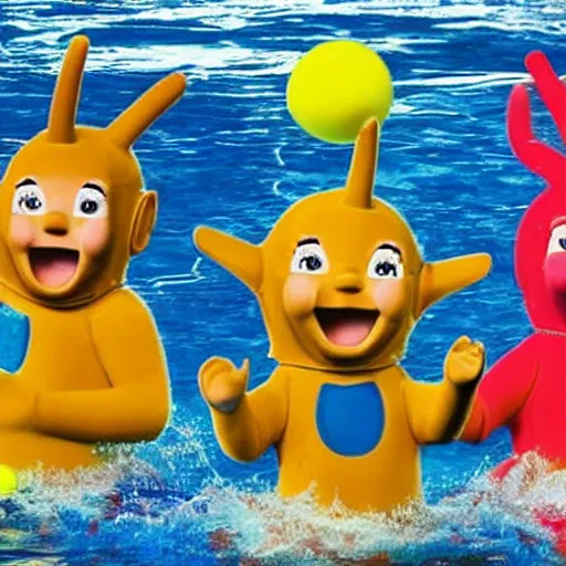 Prompt: a photo of 5 teletubbies playing water polo