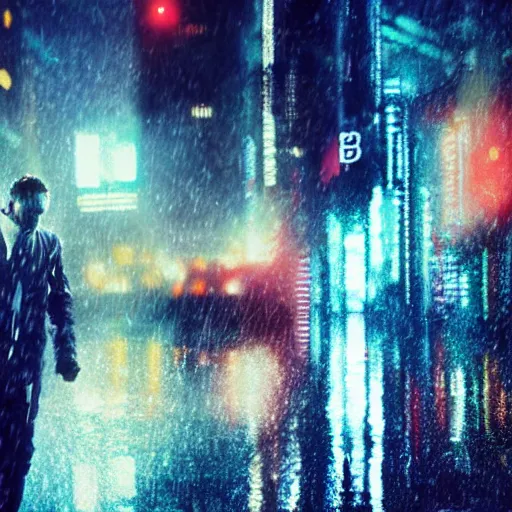 Prompt: blade runner, raining, bokeh