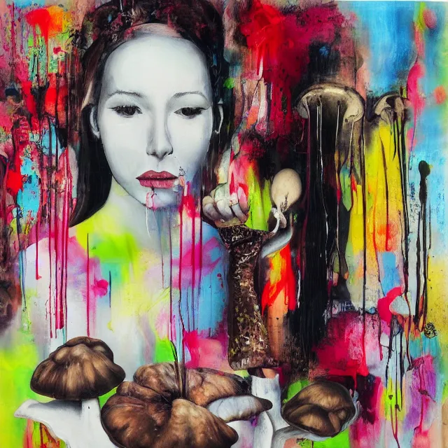 Image similar to “ surrealism, a portrait in a female art student ’ s apartment, mushrooms, sensual, art supplies, a candle dripping white wax, berry juice drips, acrylic and spray paint and oilstick on canvas, neoexpressionism ”