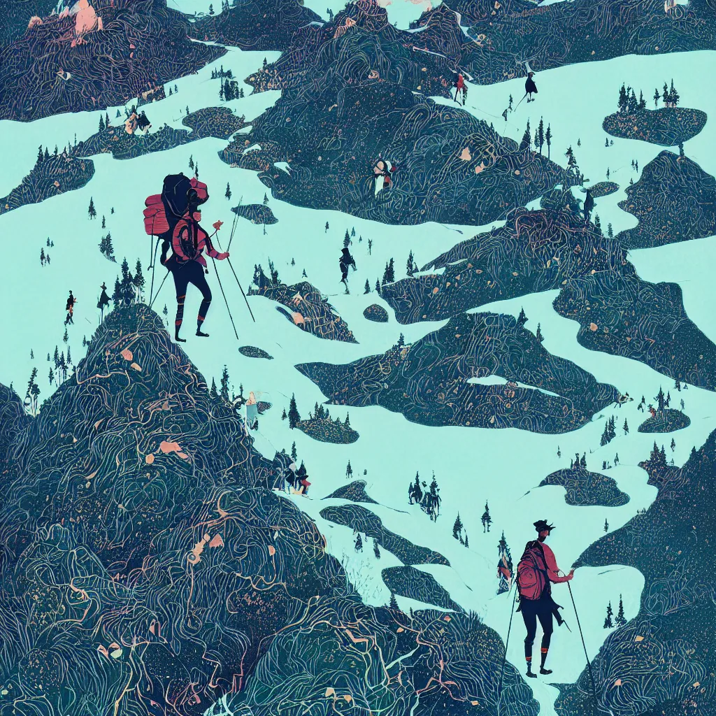 Image similar to backpacker on ridgeline in mountains by victo ngai