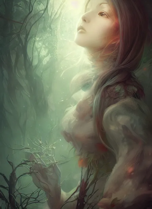 Image similar to ghost of the forest by Anna Dittmann, digital art, horror, trending on artstation, anime arts, featured on Pixiv, HD, 8K, highly detailed, good lighting, beautiful, epic, masterpiece