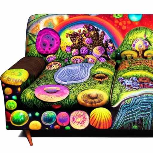 Image similar to psychedelic trippy couch in forest, planets, flowers, mushrooms milky way, sofa, cartoon by giuseppe arcimboldo