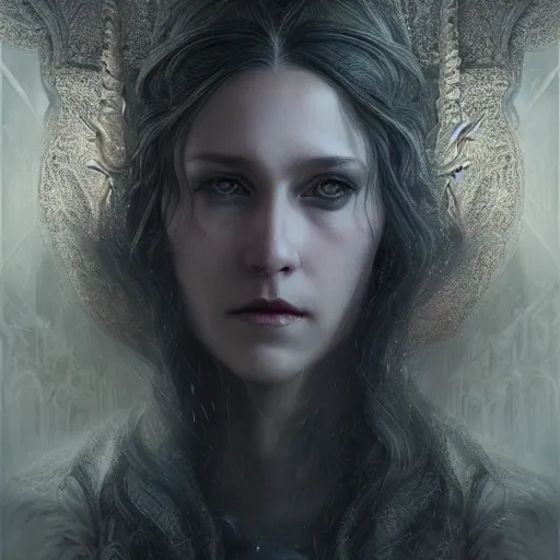 Image similar to Majestic and regal portrait of a riveting female vampire, indoor palatial dwelling, intricate, epic, elegant, menacing, fantasy, highly detailed, digital painting, hard focus, beautiful volumetric lighting, epic light, ultra detailed, by Leesha Hannigan, Ross Tran, Thierry Doizon, Kai Carpenter, Ignacio Fernández Ríos