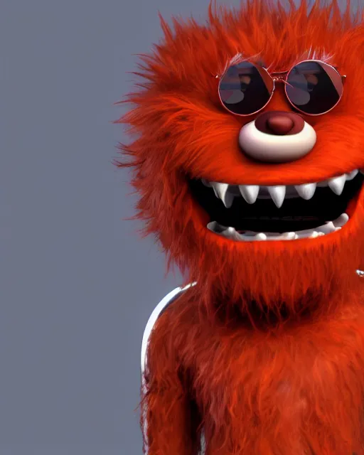 Prompt: 3 d render of completely red hairy friendly monster smiling wearing chrome shades, cute, cartoony, white background, unreal engine 5