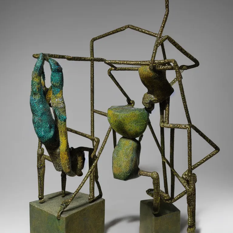 Prompt: hyperrealistic sculpture of a bronze fossilized ancient tetris brick fiddler crab dusted with saffron and deep blue and grass green spraypaint and beeswax in a grid cage on a pedestal by ron mueck and duane hanson and lee bontecou, hyperrealistic dramatic colored lighting trending on artstation 8 k