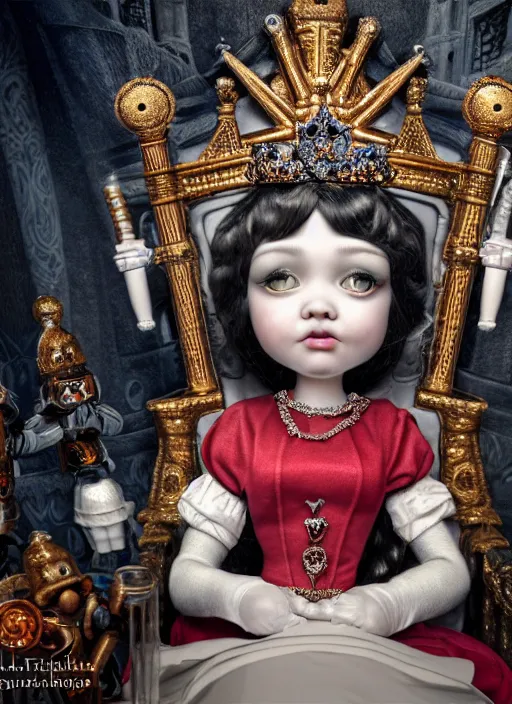 Prompt: highly detailed closeup portrait of a gothic nurse princess wearing a crown and sitting on an ice throne surrounded by cute tin toy retro robots, nicoletta ceccoli, mark ryden, lostfish, earl nore, hyung tae, frank frazetta, global illumination, god rays, detailed and intricate environment