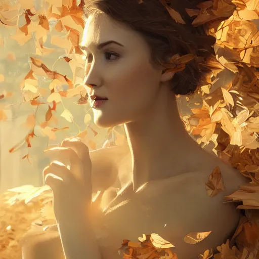 Prompt: a highly detailed digital image of an elegant figure surrounded and engulfed in leaves, matte background, artstation, detailed woman, stunning volumetric lighting, elegant, fantasy, 4k,