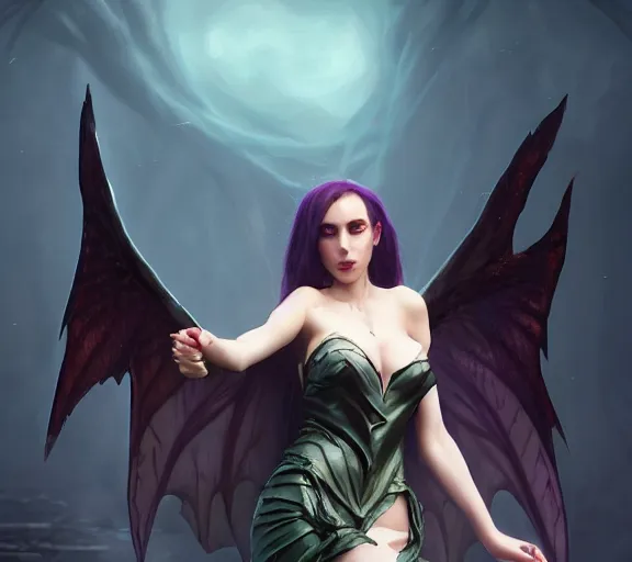 Prompt: morrigan aenslandcasting magic, a charming succubus, strapless dress, fantasy, d & d, by greg rutkowski and raymond swanland, sharp focus, trending on artstation, 8 k realistic digital art, cryengine, symmetric, league of legends splash art, concept art, frostbite 3 engine