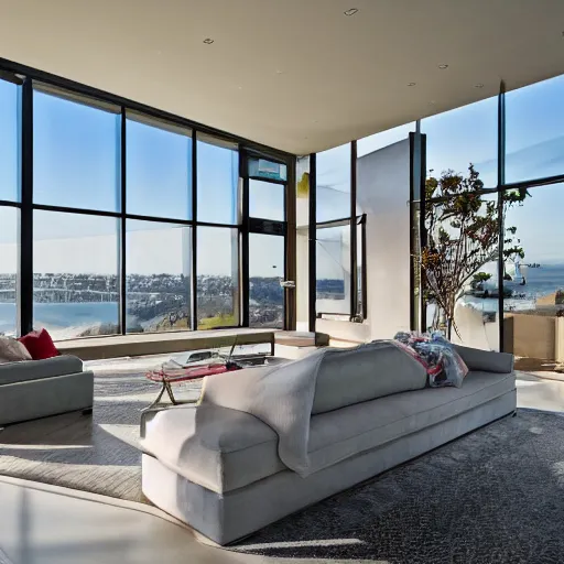 Prompt: a modern concrete mansion on the bluffs overlooking san francisco