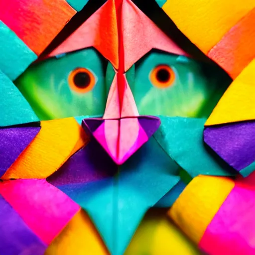 Prompt: human face in origami, colorful macro photo 5 dmk 2, bokeh
