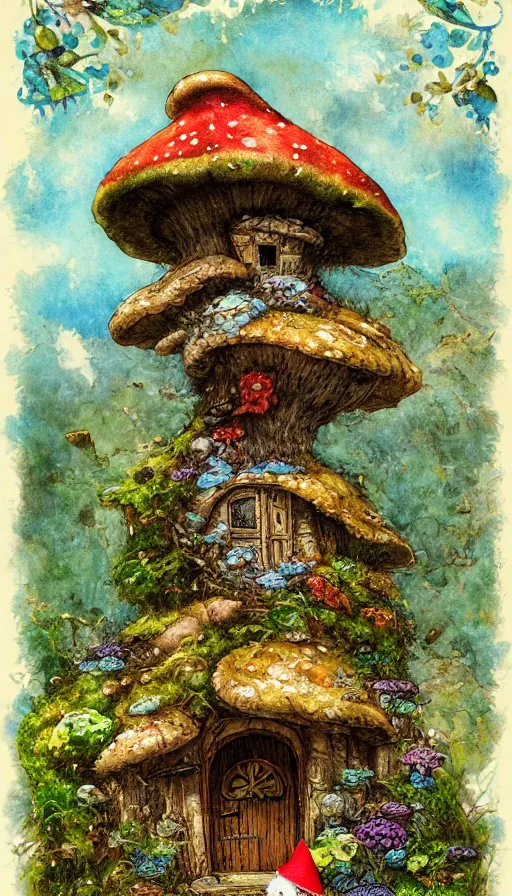 Image similar to extra beautiful colorful whimsical storybook style full page antique ornate lithograph of moss, fungus, mushroom and flower covered knome hobbit giant mushroom cozy home with door and windows by Jean-Baptiste Monge, post processing, painterly, book illustration watercolor granular splatter dripping paper texture. Trending on artstation, post processing, pen and ink work. sharp focus.