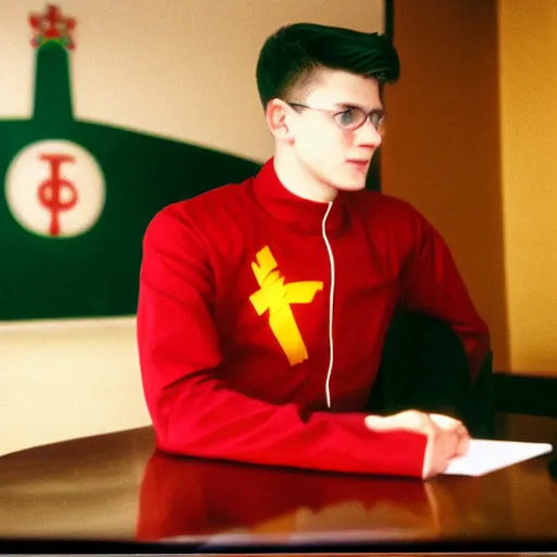 Image similar to A young man in a suit sits at a table , coat of arms of USSR with hammer and sickle in background, bokeh, cinestill, fine details