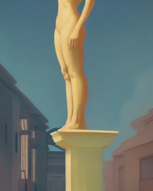 Image similar to a painting of a woman standing in front of a statue, a screenshot by stanley twardowicz, cgsociety, aestheticism, aesthetic, vaporwave, anime aesthetic