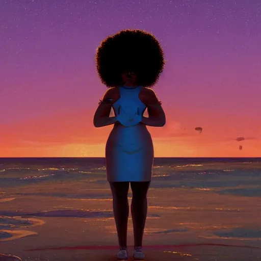 Prompt: a black girl with an afro standing on the shore of a vast endless opal ocean with an enormous golden stargate at sunset, by simon stalenhag