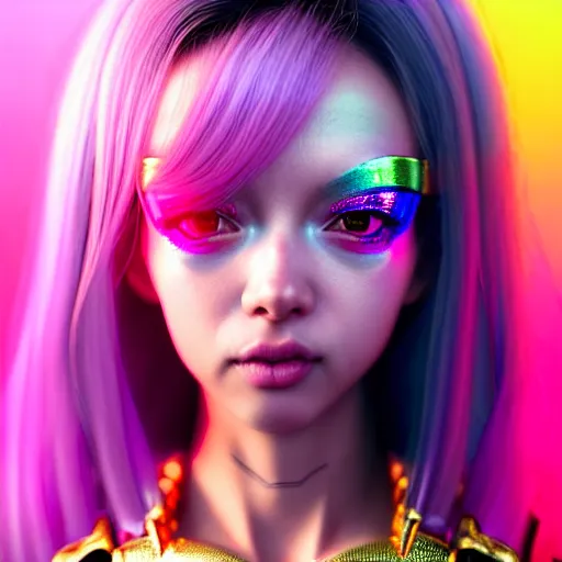 Image similar to hyperdetailed portrait of a stunningly beautiful pink cyberpunk cute girl made of metals and shiny iridescent gems, bright rainbow nimbus, gold necklace, smoke background inspired by ross tran and masamune shirow and kuvshinov, intricate, photorealistic, octane render, rtx, hdr, unreal engine, dnd digital art by artgerm