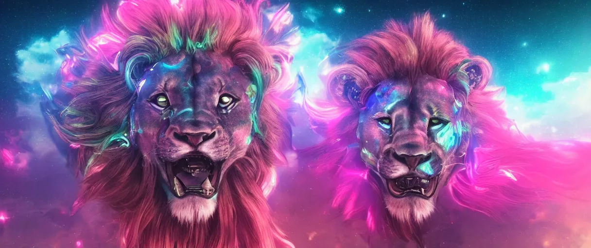 Image similar to space, a mechanical lion with a pink neon mane, punk, hyperdetailed illustration, stars, pink, neon, oil painting, rich deep colors masterpiece, pirate neon ship, ultra detailed, contrast, heaven pink, clouds, volumetric light, atmospheric lighting, dramatic, cinematic, moody, octane render 4 k, 8 k