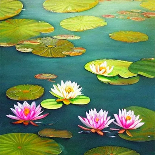 Image similar to A beautiful painting of a waterlily pond, resin art