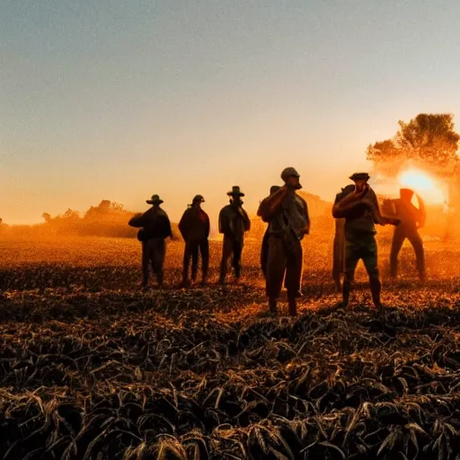 Prompt: photo of farmers fighting against military, award winning, golden hour