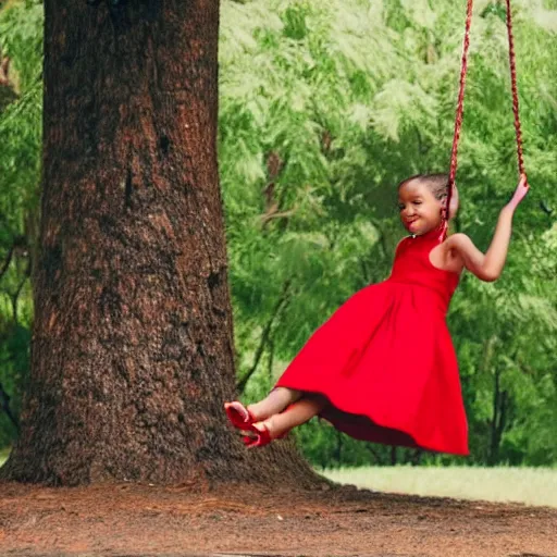 Image similar to girl in red dress swinging on a Madagascar tree swing midday.