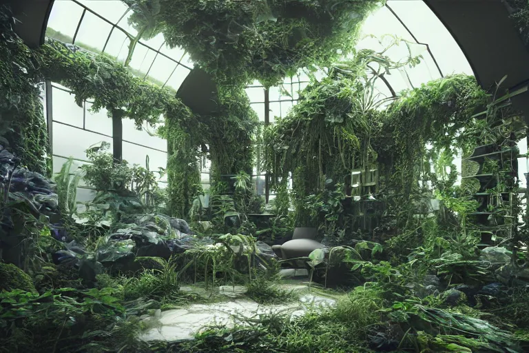 Image similar to inside a spaceship living quarters overgrown with plant life and ivy, artgerm, yoshitaka amano, gothic interior, 8 k, octane render, unreal engine