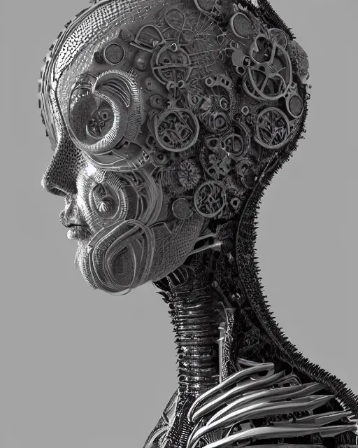 Image similar to mythical black and white organic bio-mechanical spinal ribbed profile face portrait detail of mechanical beautiful female angelic-vegetal-cyborg, highly detailed, intricate steampunk ornate, poetic, 3D render, digital art, octane render, 8K artistic photography, photo-realistic, by Dora Maar