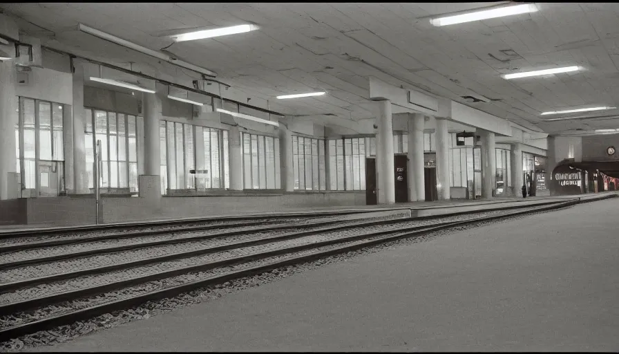 Image similar to 60s movie still of a sovietic stalinist style empty railway station, cinestill 800t 50mm eastmancolor, liminal Space style, heavy grain-s 150