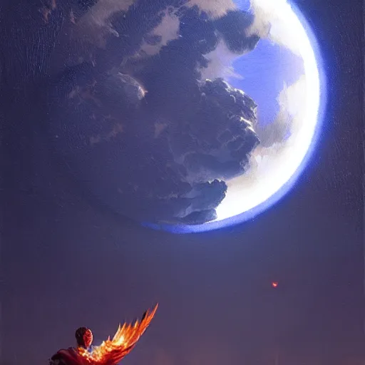 Image similar to blue phoenix flying in front of the moon, glowing light, fire, oil painting by greg rutkowski, 8 k
