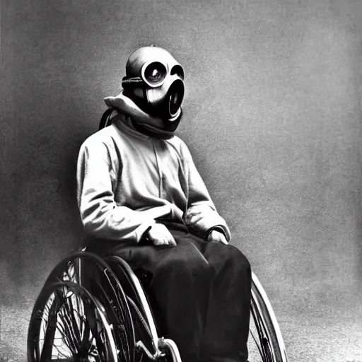 Prompt: gas mask guy in a wheelchair, realistic, old photograph