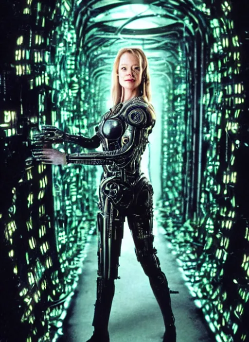 Image similar to 35mm portrait of Jeri Ryan as an intricate and sophisticated borg with eye implant, on the background of a weird magical mechanical forest. Round gears visible inside her hear. Very detailed 8k. Fantasy cyberpunk horror. Sharp. Cinematic post-processing