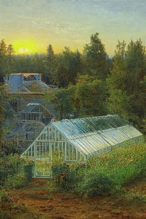 Image similar to greenhouse with harvest at sunrise painting by ivan shishkin