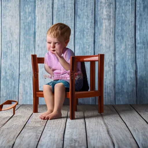 Image similar to Small kid, sitting on a chair in backrooms, high detailed, realistic photo