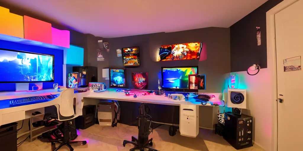 Prompt: gamer room with desktop pc, colorful led lighting, gaming chair, wall art, at night, photography