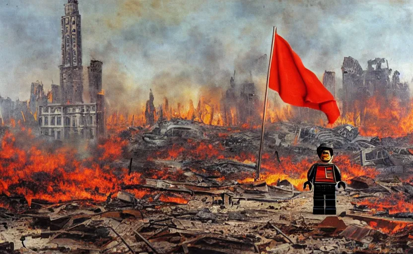 Prompt: a lego toy standing with red flag in a destroyed burning soviet city, everything is burning, oil on canvas, by ivan shishkin