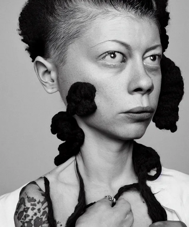 Prompt: a color photograph asia kate dillon, by carrie mae weem, intense, bold, exaggerated, overblown, hyperrealistic, ultra sharp, extra details, ultra high quality, trending on pinteresst