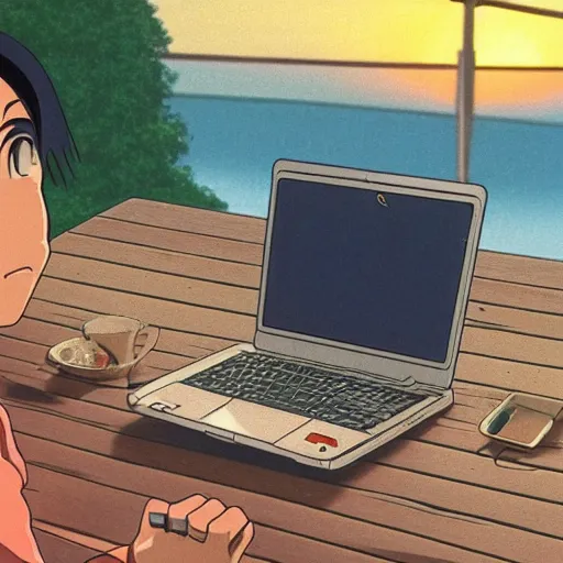 Prompt: guy with black hair using a laptop, tan skin, looking down, art by hayao miyazaki, studio ghibli film, twitter pfp, sunset