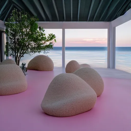 Image similar to An ultra high definition, professional photograph of an outdoor partial IKEA showroom inspired sculpture located on a pastel pink beach ((with pastel pink, dimpled sand where every item is pastel pink. )) The sun can be seen rising through a window in the showroom. The showroom unit is outdoors and the floor is made of dimpled sand. The showroom unit takes up 20% of the frame. A square dot matrix sign displays an emoji somewhere in the scene. Morning time indirect lighting with on location production lighting on the showroom. In the style of wallpaper magazine, Wes Anderson.